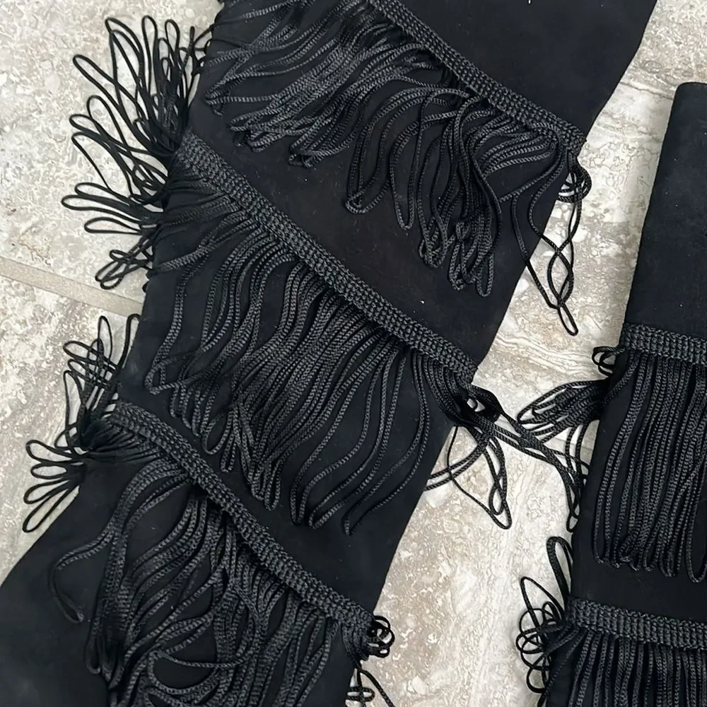 BCBGMaxazria Suede Fringe Heeled Boots, Black, New, Size 7.5